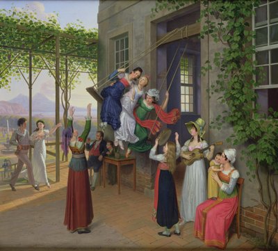 Jongeren spelen op een schommel in een tuin nabij Napels, 1823 door Johann Erdmann Hummel