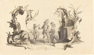 Moderne cartouche met een jong stel dat wijn krijgt geserveerd door Johann Esaias Nilson