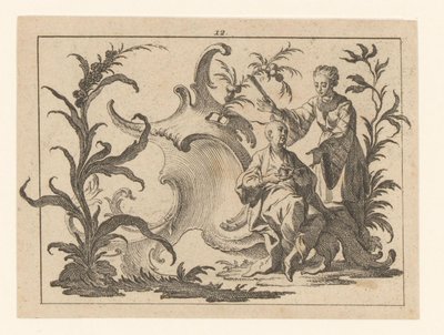 Chinees met kop en schotel gezeten in een rococo-ornament, naast hem staat een vrouw met waaier door Johann Esaias Nilson