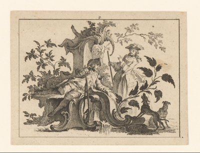 Pijprokende man met geweer en vrouw met twee honden op een rococo-ornament door Johann Esaias Nilson