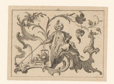 Pijprokende man met tulband gezeten op een rococo-ornament, naast hem een kan, een kop en schotel door Johann Esaias Nilson