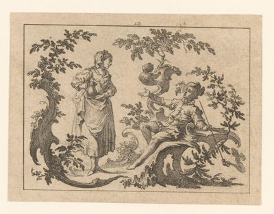Pijprokende zittende man, naast hem een staande vrouw met kruik op een rococo-ornament door Johann Esaias Nilson