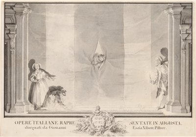 Twee Acteurs Gluren door een Theatergordijn terwijl Anderen de Voetlichten Voorbereiden door Johann Esaias Nilson