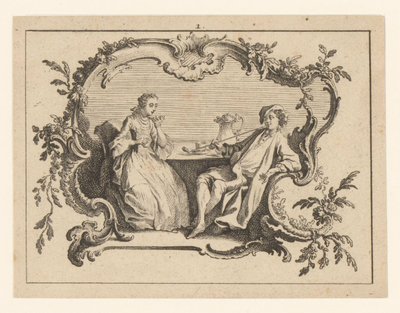 Vrouw en pijprokende man aan tafel in een cartouche door Johann Esaias Nilson