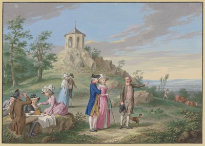 Gezelschap van dames en heren dat in de openlucht rust aan de voet van een heuvel met een tempeltje, terwijl een gids een jong paar het landschap toont door Johann Friedrich August Tischbein