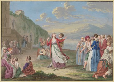Italiaanse plattelandsbewoners vermaken zich aan de oever van het meer met spel en dans, met hoge bergen op de achtergrond door Johann Friedrich August Tischbein