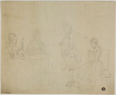 Schets van een familie met drie zittende vrouwen en een staande jongeman door Johann Friedrich August Tischbein