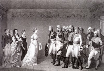 De ontmoeting tussen Luise van Pruisen en kroonprins Alexander van Rusland in Memel, 1805 door Johann Friedrich Bolt