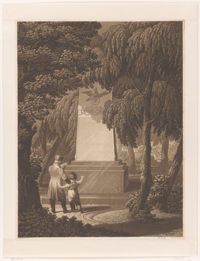 Man met een kind voor een monument voor een omgekomen legerofficier door Johann Friedrich Frick