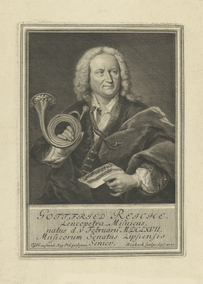 Portret van de trompettist en componist Gottfried Reiche 1667-1734, 1727 door Johann Friedrich Rosbach