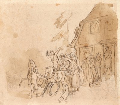 Paardenkoets met bierdrinkers voor pub door Johann Friedrich Voltz