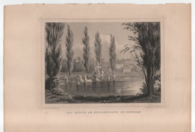 Het bassin op Schlossplatz in Potsdam, rond 1855 (gravure) door Johann Gabriel Friedrich Poppel