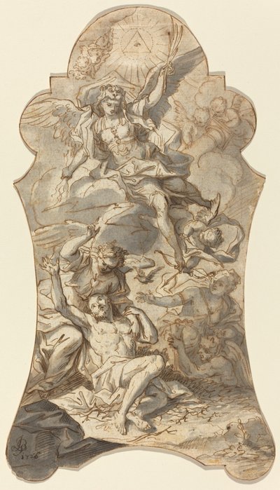 De heilige engelen die een kluizenaar beschermen tegen het kwaad door Johann Georg Bergmuller