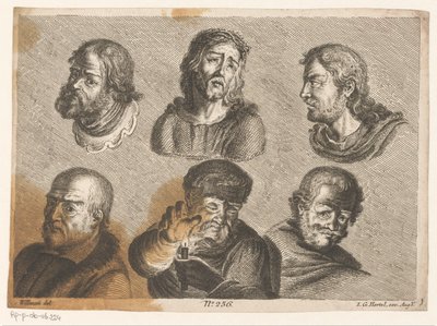 Zes mannenkoppen, waaronder Christus en een man met kaars door Johann Georg Hertel (I) (possibly)