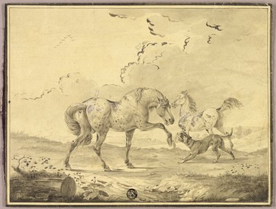 Twee paarden vechten met hond door Johann Georg Pforr