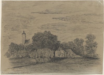 Landschap met boerderij en toren door Johann Georg Schwartze (possibly)
