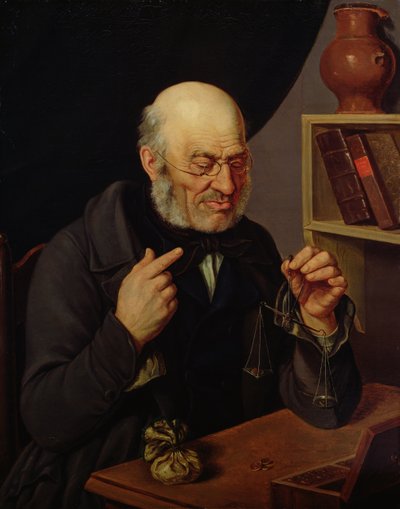 De geldwisselaar van Barchfeld weegt munten, ca. 1840-45 door Johann Georg Soemmer