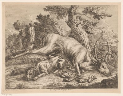 Jachthond en jachtbuit met hert en vogels door Johann Georg Wachsschlunger