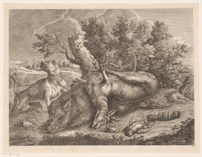 Jachthond en jachtbuit met zwijn, hert en vogels door Johann Georg Wachsschlunger