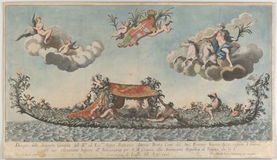 De rijkelijk versierde tweede gondel van Francesco Antonio Berka die Venetië binnenkomt, ca. 1700 door Johann Georg Wolfgang