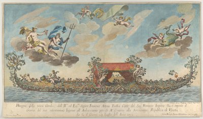 De rijkelijk versierde derde gondel van Francesco Antonio Berka die Venetië binnenkomt, goden op cl... door Johann Georg Wolfgang