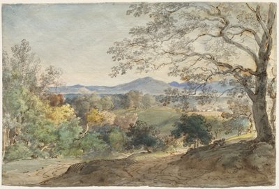 Een uitzicht over de Inn-vallei naar de Alpen en Neubeuern door Johann Georg von Dillis