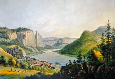 Uitzicht op Wehlen aan de Elbe nabij Konigstein in Saksen, gegraveerd door Johann-Friedrich Wizani (1770-1835) door Johann Gottfried (after) Jentsch