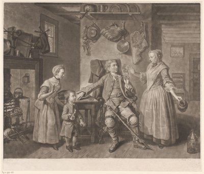 Portret van de toneelspeler David Garrick in de rol van een thuisgekomen boer door Johann Gottfried Haid