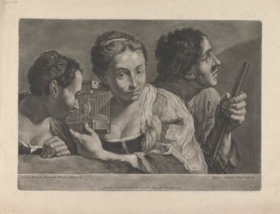 Twee vrouwen luisteren naar een vogel, met een man die een geweer vasthoudt door Johann Gottfried Haid
