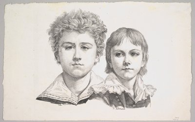 Portret van de Rabe-kinderen: Hermann, 14 jaar en Edmond, 7 jaar, verso: proef voor correctie, 1822 door Johann Gottfried Schadow