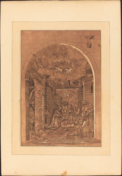 De aanbidding van de herders door Johann Gottlieb Prestel after a 16th Century German Artist