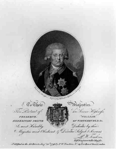 Portret van Frederik Willem III (1770-1840), Erfprins van Württemberg, gegraveerd door Peltro William Tomkins (c.1759-1840), gepubliceerd door P.W.Tomkins, 20 augustus 1796 door Johann Gottlieb after Schweppe