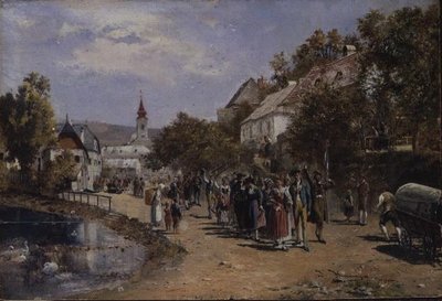 Processie in een dorpsstraat in Oostenrijk door Johann Hamza