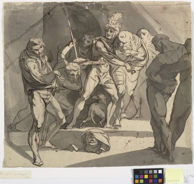 Richard Plantagenet gooit het afgehakte hoofd van de hertog van Somerset aan de voeten van zijn vader. Illustratie voor Shakespeare