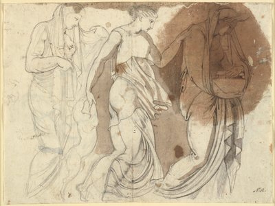 Drie vrouwenfiguren, reliefachtig gerangschikt. Drie Horae? (B.S.) door Johann Heinrich Füssli