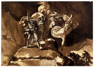De heksen zweven boven Macbeth en Banquo door Johann Heinrich Füssli
