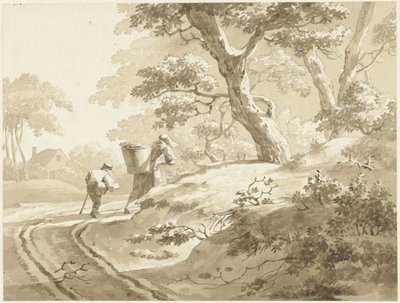 Landschap met vrouw en jongetje op een landweg door Johann Heinrich Keller (II) (possibly)