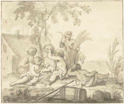 Allegorische voorstelling met kinderen en attributen van de Landbouw door Johann Heinrich Keller (II)