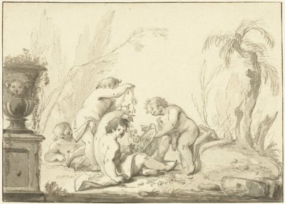 Allegorische voorstelling met kinderen met een mand met bloemen door Johann Heinrich Keller (II)