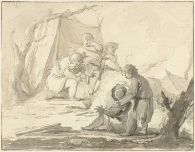 Allegorische voorstelling met kinderen rond een vuurtje door Johann Heinrich Keller (II)