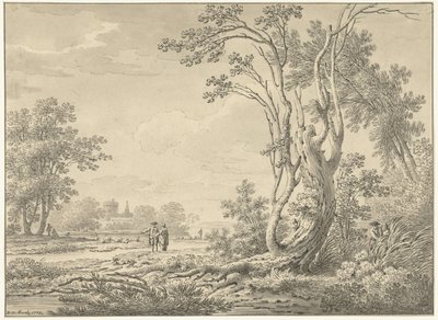 Zuidelijk landschap met kasteel, vee en wandelaars door Johann Heinrich Muntz