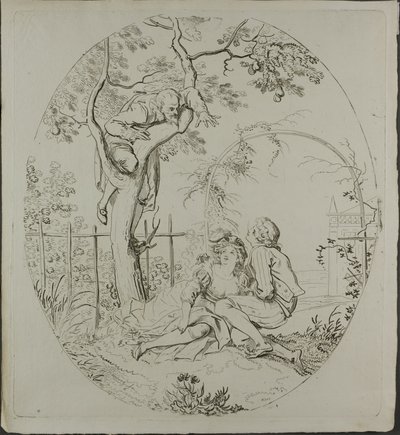 Man met baard bespiedt geliefden onder een prieel door Johann Heinrich Ramberg