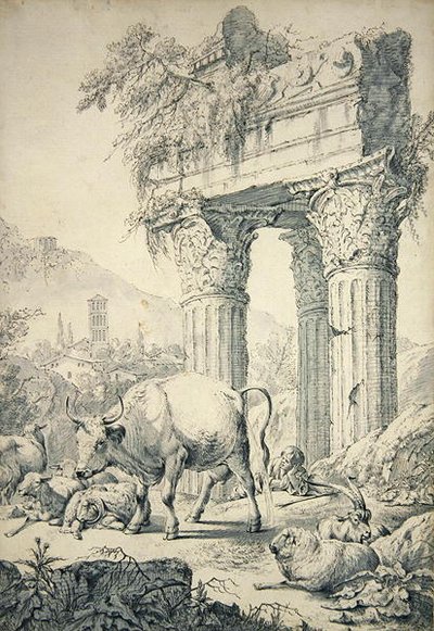 Koe in Campagnisch landschap door Johann Heinrich Roos