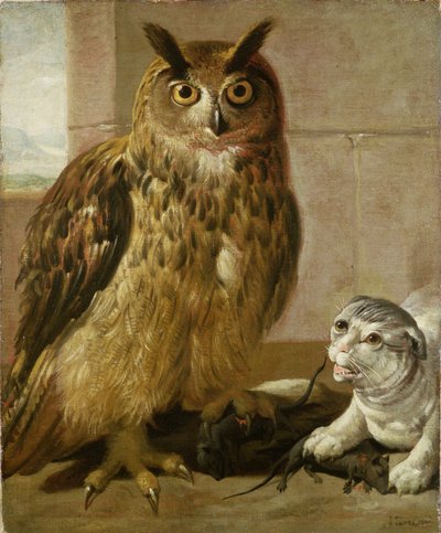 Oehoe en kat met dode ratten door Johann Heinrich Roos