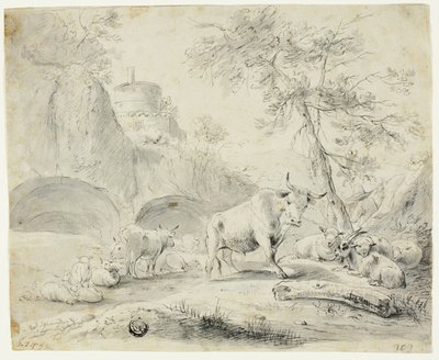 Landschap met herder en schapen, geit, vee door Johann Heinrich Roos