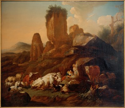 Rustende herderin en vee door Johann Heinrich Roos