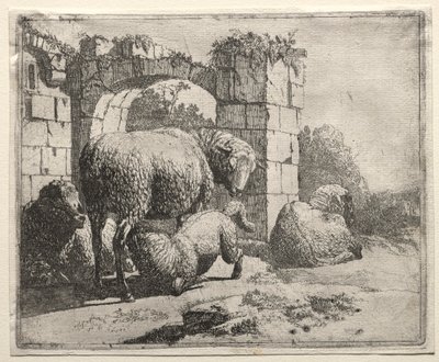 Schapen bij de ruïnes van een boog door Johann Heinrich Roos