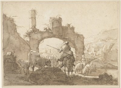 Twee herders drijven hun vee door een rivier door Johann Heinrich Roos