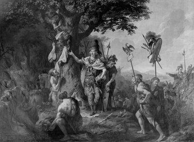 Hermann viert de overwinning na de slag in het Teutoburgerwoud door Johann Heinrich Wilhelm Tischbein