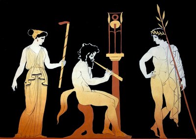 Bord met een gekroonde winnaar die luistert naar een Satyr die fluit speelt door Johann Heinrich Wilhelm Tischbein